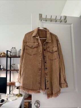 Amazon Women's Brown Jean Jacket with Frayed Hem